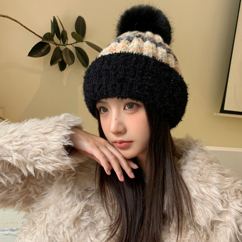 冬季帽子女保暖加绒加厚护耳帽提花大毛球针织帽时尚百搭毛线帽子|undefined