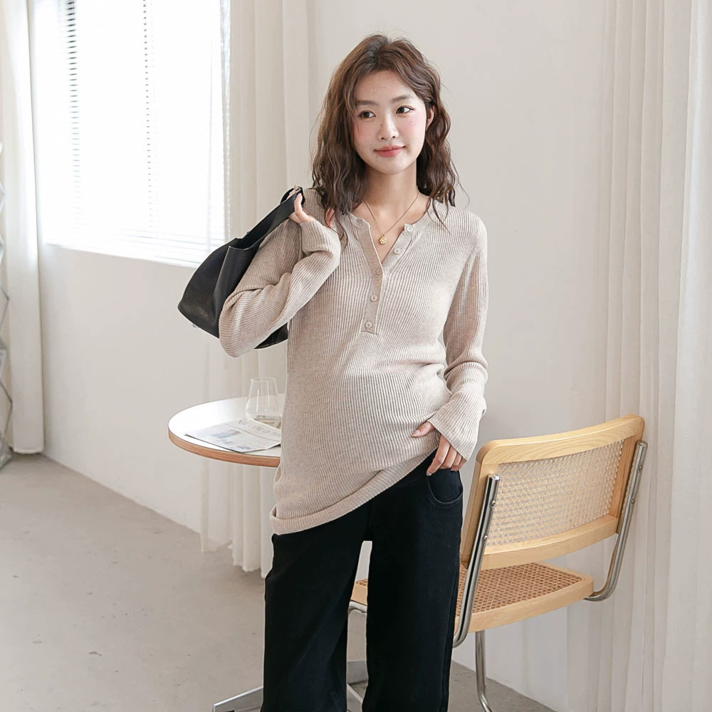Осень Новый Материнство Интернет Знаменитости Модный Stretch Slim Fit Похудения Круглый Шею Половина Пряжка Трикотаж Модная Мама Базовая Рубашка