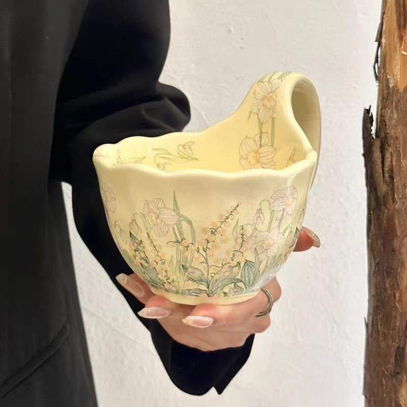复古油画风铃花陶瓷咖啡杯碟套装高颜值带盖大容量马克水杯伴手礼|undefined