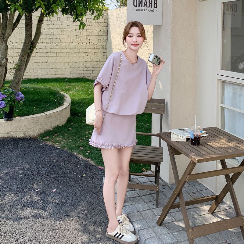 Plus-Size 150kg Ruffle Lace Patchwork Women's Summer Short-Sleeve Top and Skirt Two-Piece Set