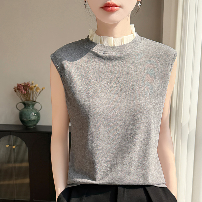 2026 Spring and Summer New Style Tencel Wool Organza Half-High Collar Knitted Vest for Women Color-Blocked Sleeveless Bottoming Shirt 2026 Spring and Summer New Style Tencel Wool Organza Half-High Collar Knitted Vest for Women Color-Blocked Sleeveless Bottoming Shirt
