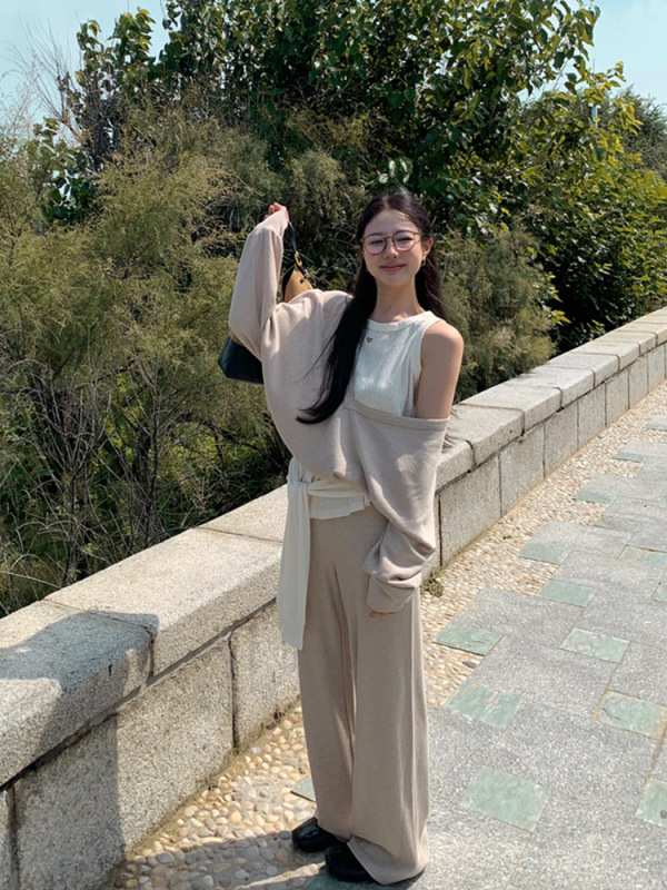 秋季套装女装爱心镂空绑带背心慵懒V领卫衣上衣直筒阔腿休闲裤子|undefined