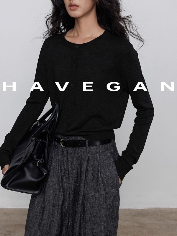 与间HAVEGAN/秋季圆领长袖针织开衫女薄款外穿宽松慵懒老钱风上衣|undefined