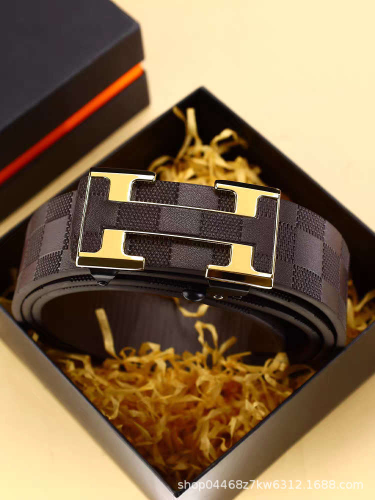 New Men's Leather Belt Business Waist Belt Checkered Pattern Toothless Automatic Buckle Casual Versatile Waist Belt