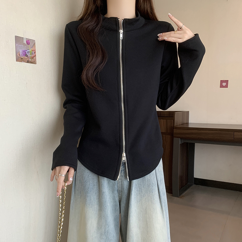 大码正肩立领开衫卫衣外套女秋2025新款胖mm显瘦拉链不规则上衣|undefined