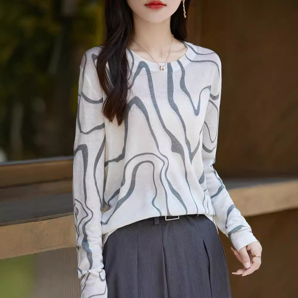 2024新款100天丝针织衫女圆领印花宽松套头毛衣薄款上衣打底衫女