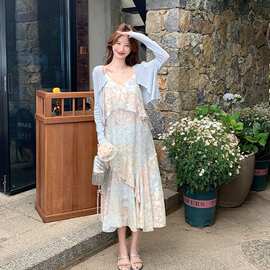 度假风不规则荷叶边碎花吊带连衣裙套装女2026夏季防晒开衫两件套