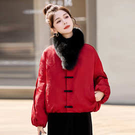 新中式国风狐狸毛领羽绒服女2025冬季新款复古盘扣白鸭绒短款外套