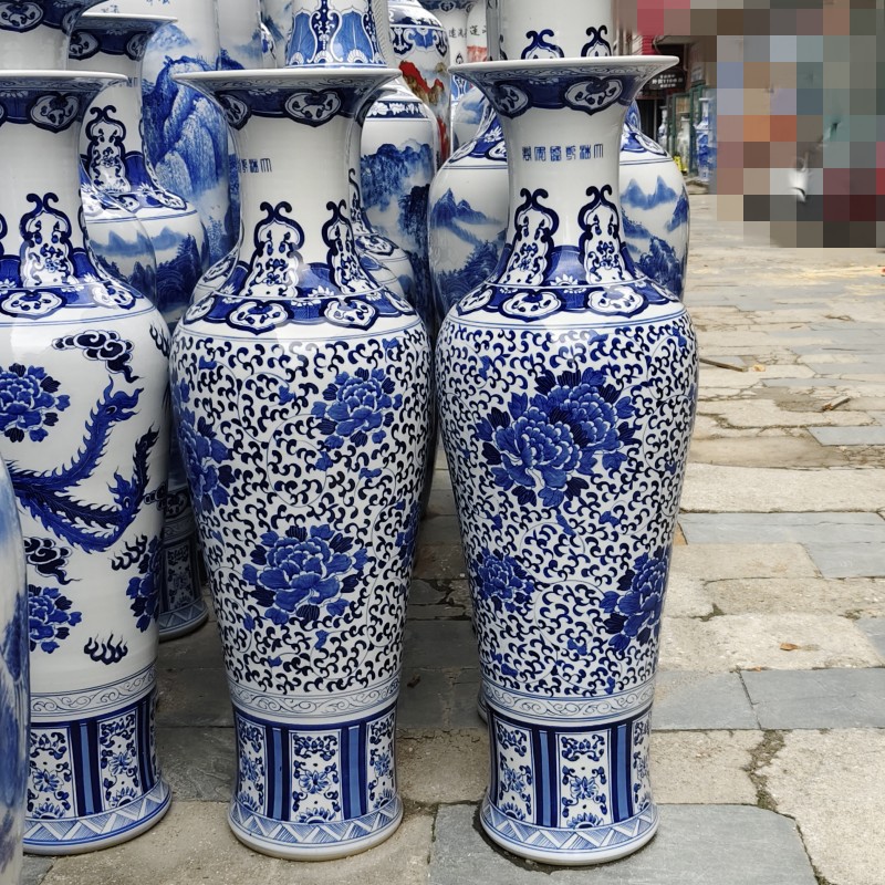 Decoración de cerámica vasos pintados a mano esmaltado porcelana azul colorido paisaje ramas de lotus aterrizaje gran vasos Guanyin vasos grandes ornamentos