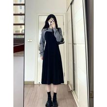 韩系甜辣风少女感灰色罩衫+黑色背带裙女收腰吊带长裙子两件套潮