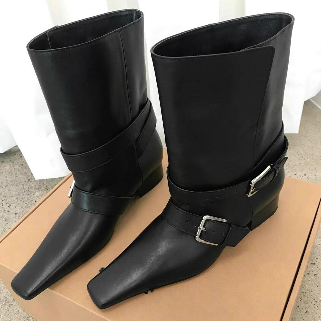Bottes de cowboy western réversibles à bout carré en cuir véritable, spécialement conçues pour les femmes, bottes d'équitation Martin mi-mollet à semelle épaisse._voghion.com