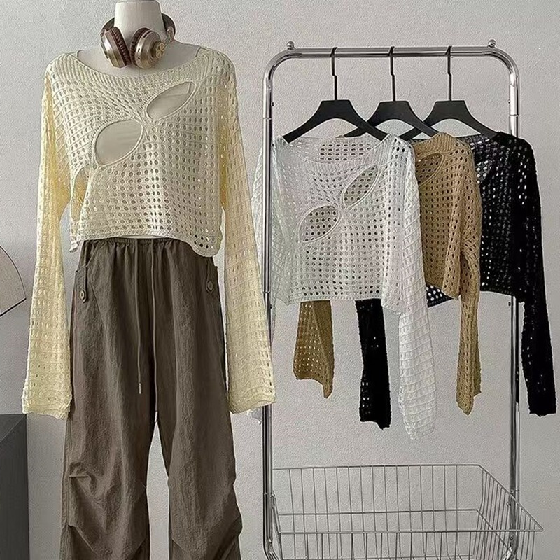 Autumn New Korean-Style Hollow-Out Long-Sleeve Thin Sun-Protective Casual Knit Top High-Waisted Short Air-Conditioning Cover-Up Women's Top Autumn New Korean-Style Hollow-Out Long-Sleeve Thin Sun-Protective Casual Knit Top High-Waisted Short Air-Conditioning Cover-Up Women's Top