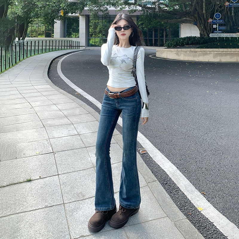 YC& Amerikaanse stijl retro jeans met lage taille, stretch, slim fit, veelzijdig en uitlopend model voor dames & broeken met extra lange pijpen_voghion.com