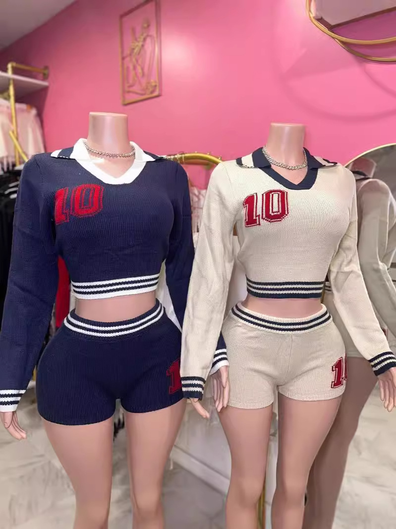 欧美跨境新款秋季学院风翻领少女撞色弹力长袖上衣短裤套装女