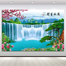 流水生财山水风景画唯美意境客厅招财装饰挂画迎客松瀑布背景壁画