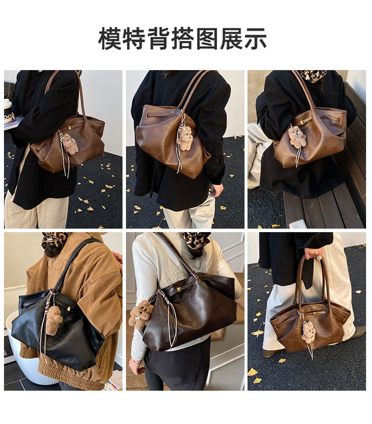 Túi xô nữ dáng tote xách tay dung tích lớn phong cách retro, đeo vai và kẹp nách — Màu nâu cà phê không kèm phụ kiện, Màu nâu không kèm phụ kiện, Màu đen không kèm phụ kiện, Màu nâu có móc treo chi tiết 7