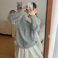 温柔风蕾丝拼接长袖针织衫女秋冬立体蝴蝶结打底毛衣软糯套头上衣