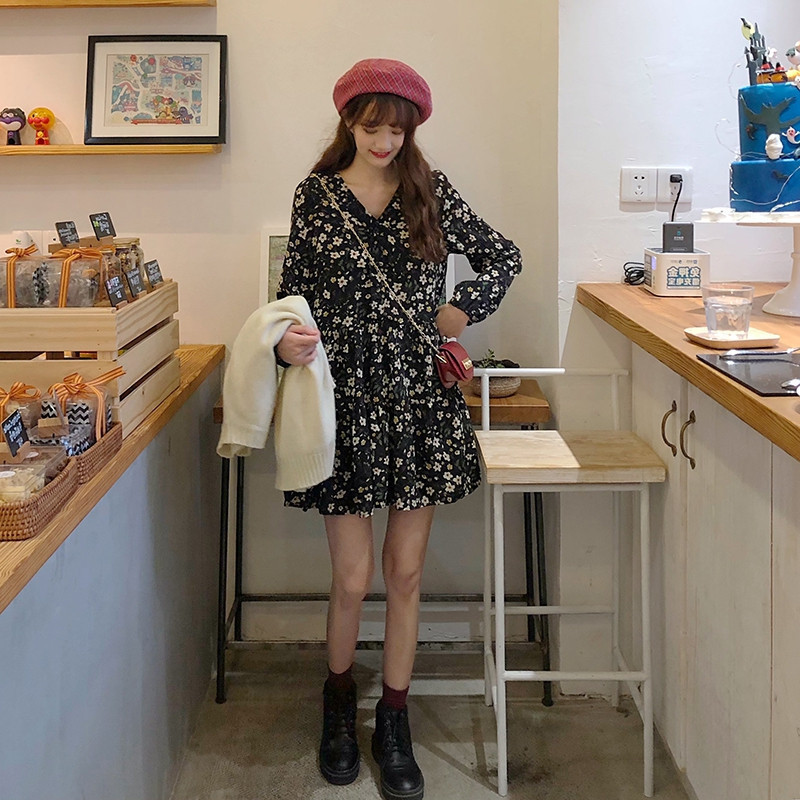 Loose Plus Size Dress for Chubby Girls Chiffon Long-Sleeved Floral Mid-Long Loose V-Neck Belly-Covering Slimming for Pregnant Women