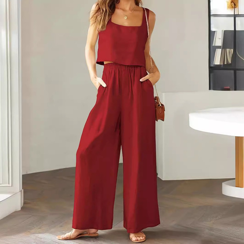 2025 Cross-border new style European and American foreign trade women's clothing 2-piece set square neck sleeveless tank top wide-leg pants casual suit 