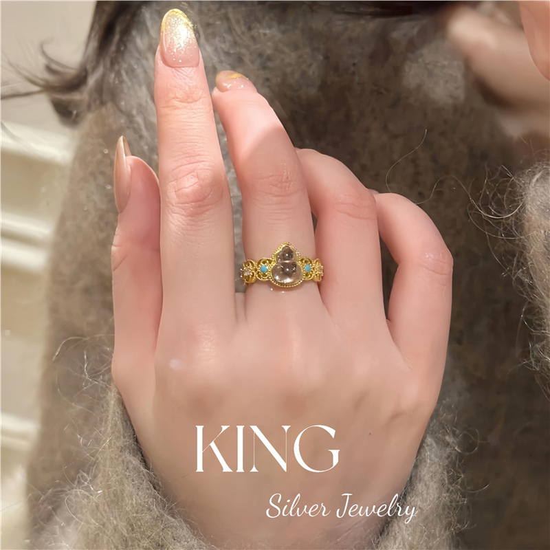 KING シルバージュエリー | アメジストの絶妙なリング | S925 シルバー ゴールドメッキ ハンギングループ形状 オールドマネースタイル ライトラグジュアリー 絶妙なリング|undefined