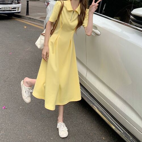 Improved style—please check the actual product before placing your order: women's large-size French-collared zip-up dress for summer.