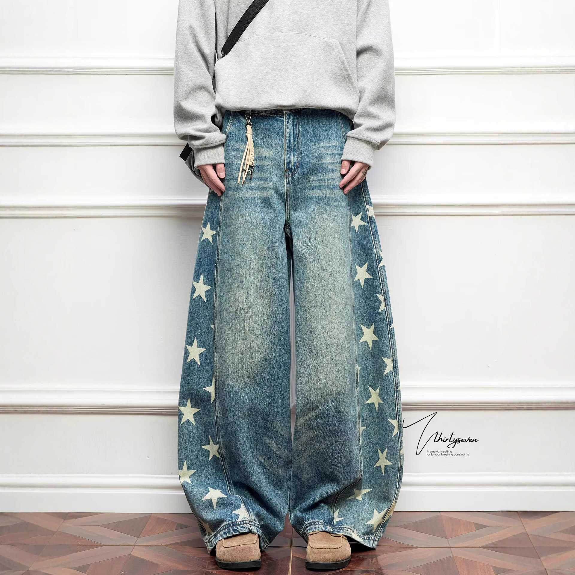 American High Street Retro Design Star Straight Jeans Men's Casual Drape Loose Wide Leg Trousers Blue