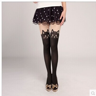 Japanese cat with tail jacquard splicing fake thighs fake high knee socks pantyhose stockings long term