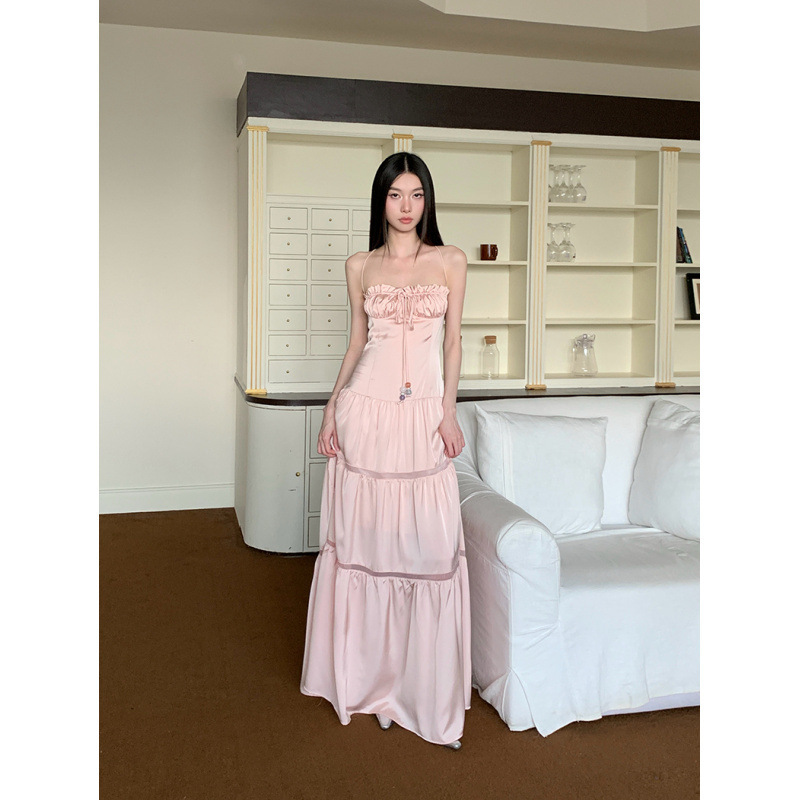 Real Shot of Ready-Made Pink Holiday Satin Lace-Up Tube Top Suspender Dress for Women Real Shot of Ready-Made Pink Holiday Satin Lace-Up Tube Top Suspender Dress for Women
