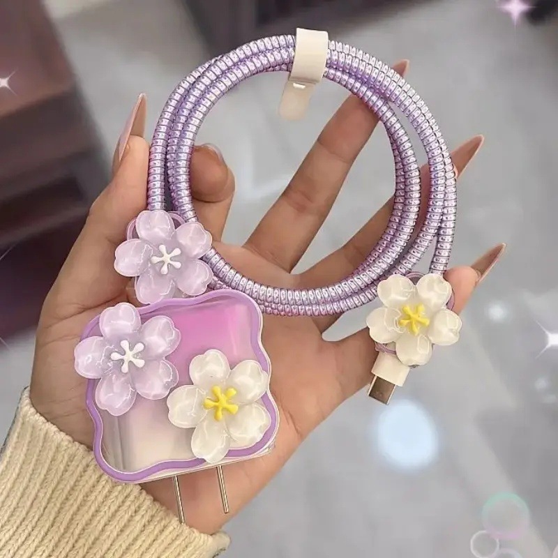 适用苹果iphone充电器数据线保护壳套18/20w防断波浪花朵可爱清新|undefined