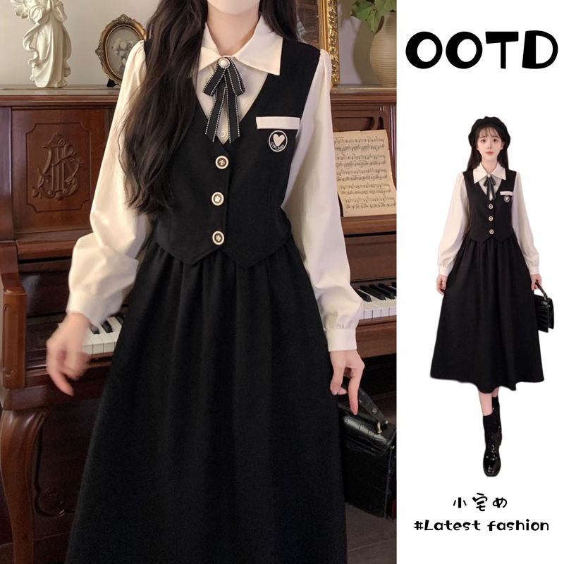 College Style Fake Two-Piece Corduroy Dress Autumn and Winter Fat mm French Style Age-Reducing Waist Slimming Look Skirt