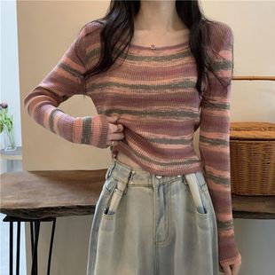 DD2025 new early autumn Korean slim striped bottoming shirt square collar slim women's long sleeve sweater chic