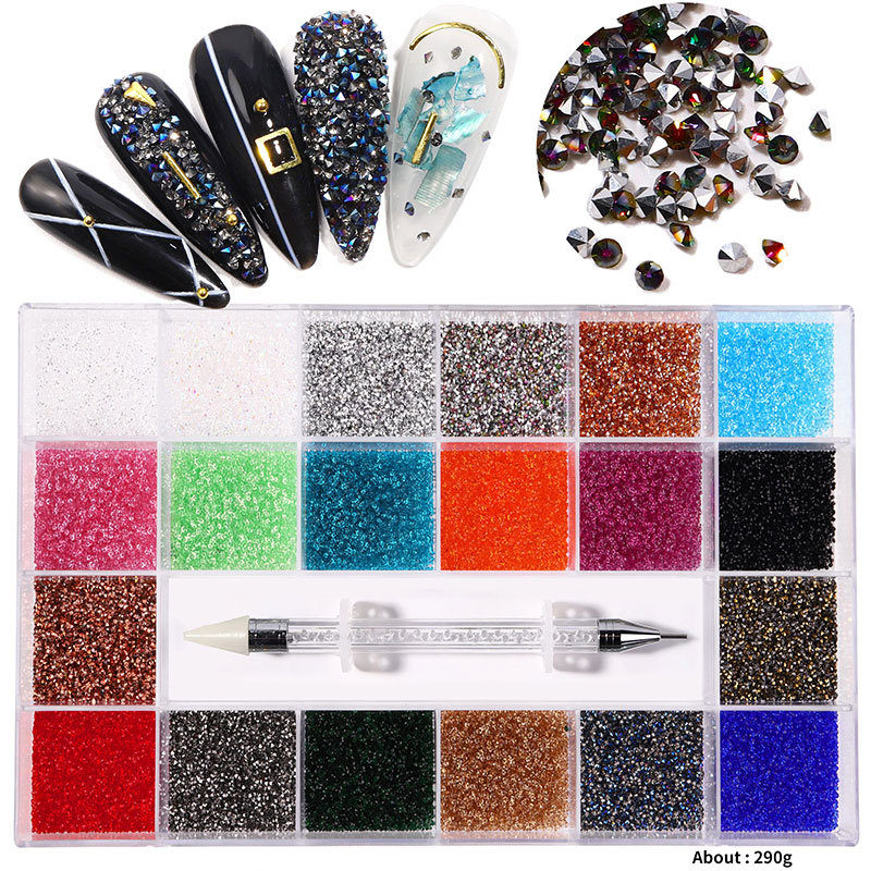 Clavo transfronterizo 21 rejilla rhinestone en caja taladro de uñas plano en forma especial diamante uñas rhinestone joyería traje al por mayor