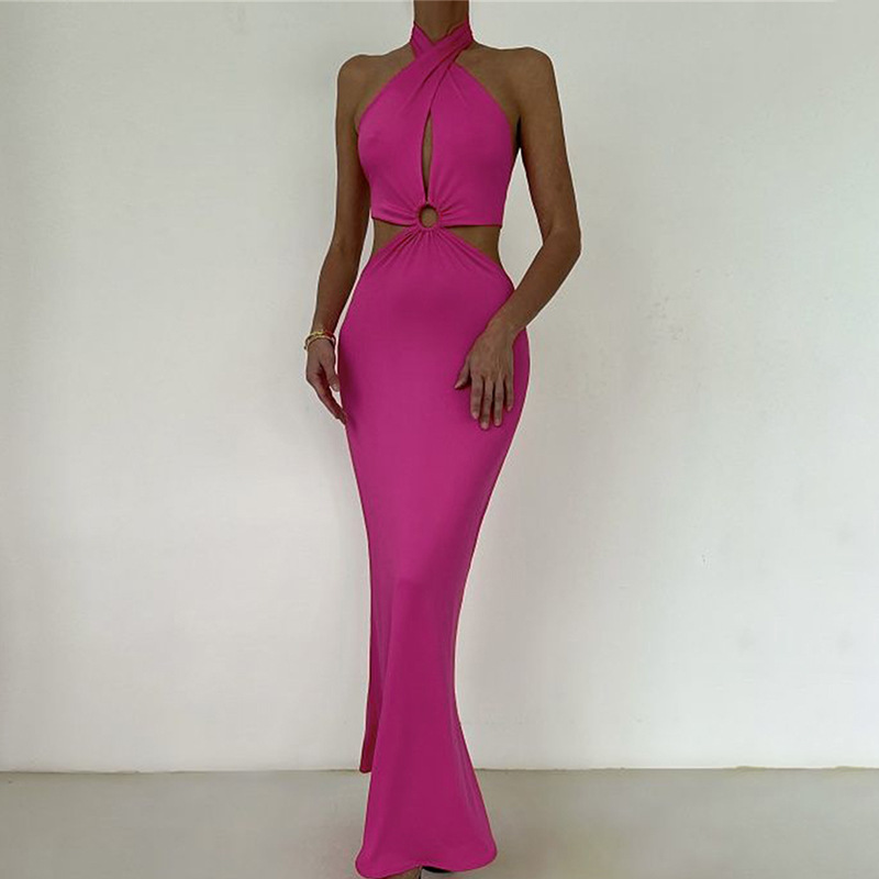 European and American summer dress sexy fashion patchwork halter strap open back long skirt_voghion.com