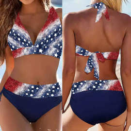 2023欧美新款泳衣女国旗闪粉印花抽绳分体亚马逊比基尼泳装bikini