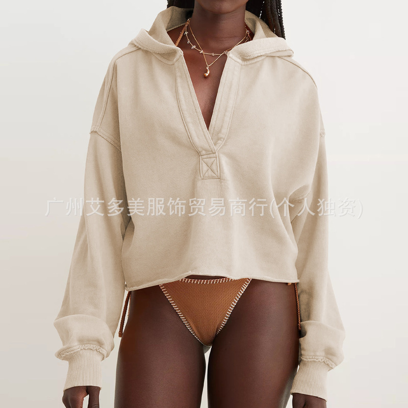 alo跨境吸汗宽松潮牌连帽卫衣女春秋欧美女装v领上衣套头长袖衫|undefined