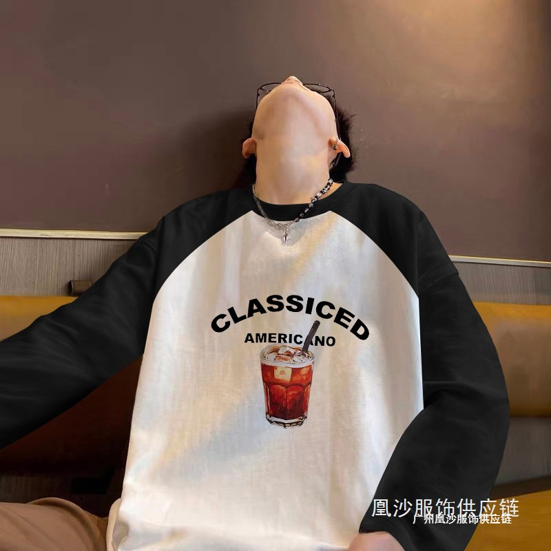 220g Pure Cotton Raglan Long-Sleeve T-Shirt for Teenagers, Loose Patchwork Top for Men, Spring and Autumn Style, Huanasha Trendy Patchwork