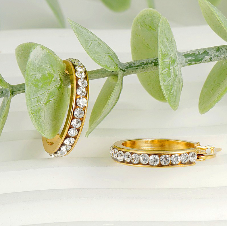 Rhinestones Inlay Material Hoop Earrings Classification 1 Pair Lady Geometric Inlay Titanium Steel Rhinestones 18k Gold Plated Hoop Earrings