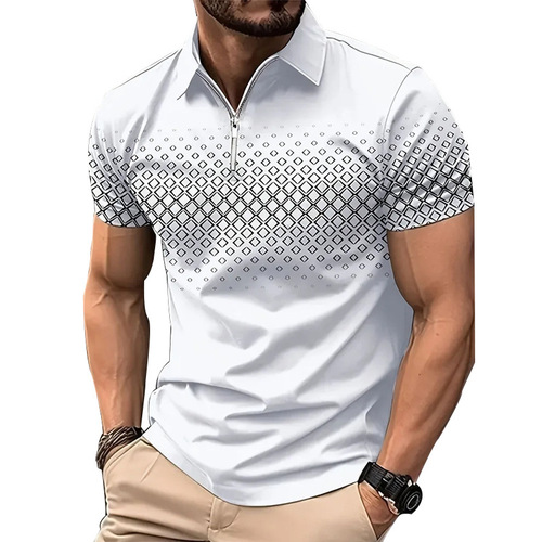 Summer new men's short-sleeved polo shirt 3D digital checkered print zipper polo