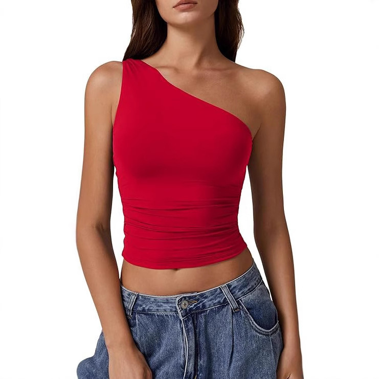2025 Summer Women's Cross-border Amazon New Sleeveless Shoulder Solid Color Slim-fit Sexy Navel-exposed T-shirt