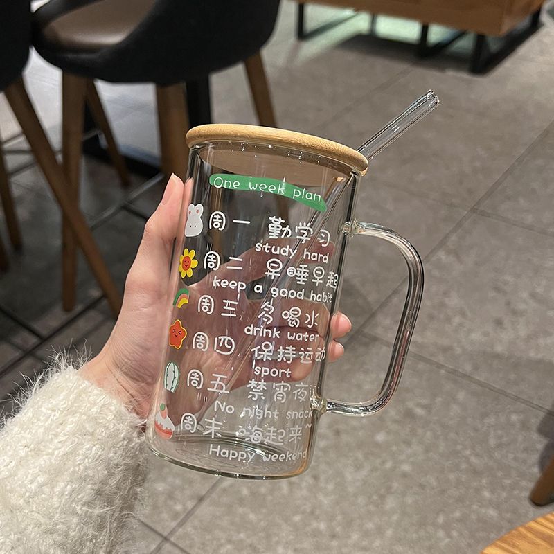 Glass Cup with Lid, Spoon, Straw, Household Large-Capacity Water Cup, Student Couple Drinking Cup, Milk Cup