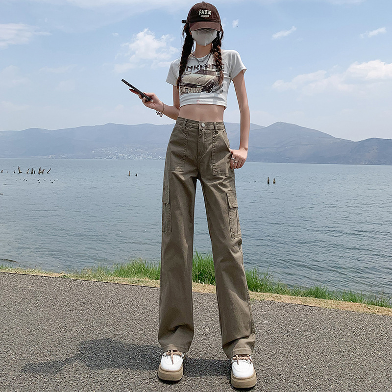 アメリカンストレートカーゴパンツ女性のための 2025 秋の新ハイウエストルーズ痩身狭いワイドレッグカジュアルパンツ|undefined