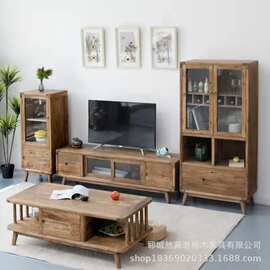 老榆木茶几客厅长方形电视柜组合收纳柜小户型实木茶桌双层茶几