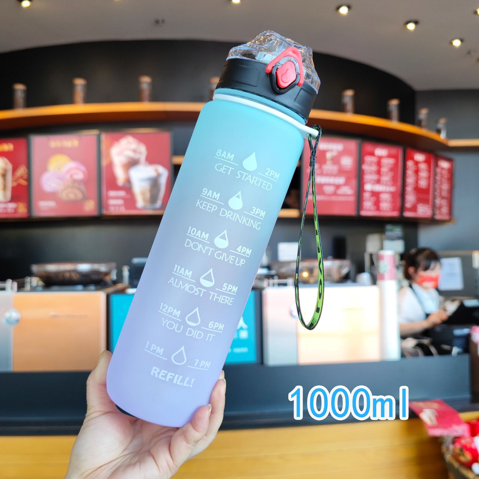 Gran capacidad botella de agua color degradado helado pato paja cuerda portátil deportes al aire libre taza de agua 1000ml