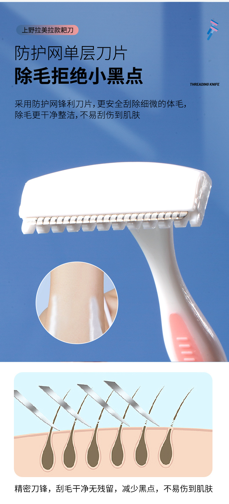 Two LMLTOP rake blades with protective nets, novice shaving blades for armpit and leg hair, SY1017 Specification drawing