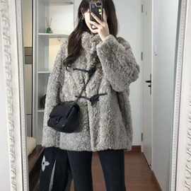 韩系立领牛角扣羊羔毛外套女冬季新款仿皮草设计感加厚保暖爆