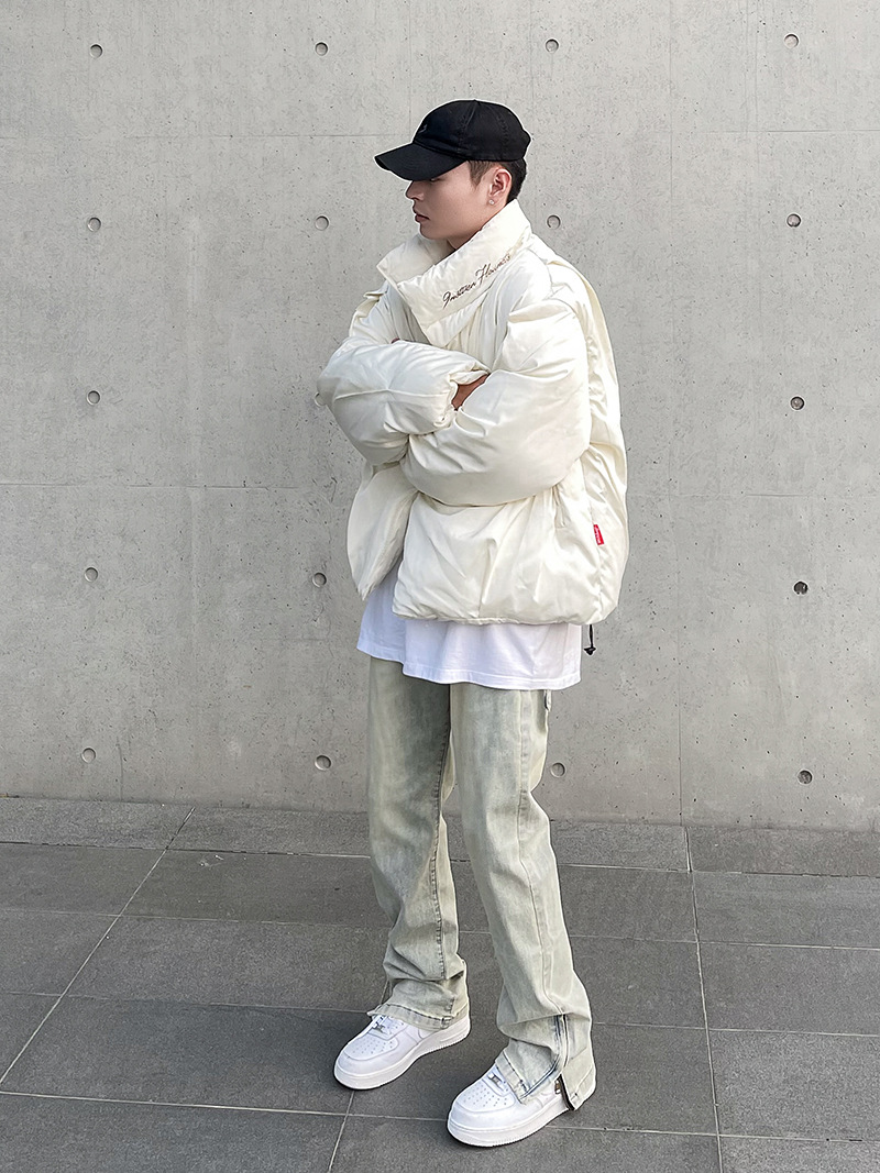 American High Street Vibe vintage lavado apenado amarillo barro teñido cremallera split jeans hombres pantalones largos rectos