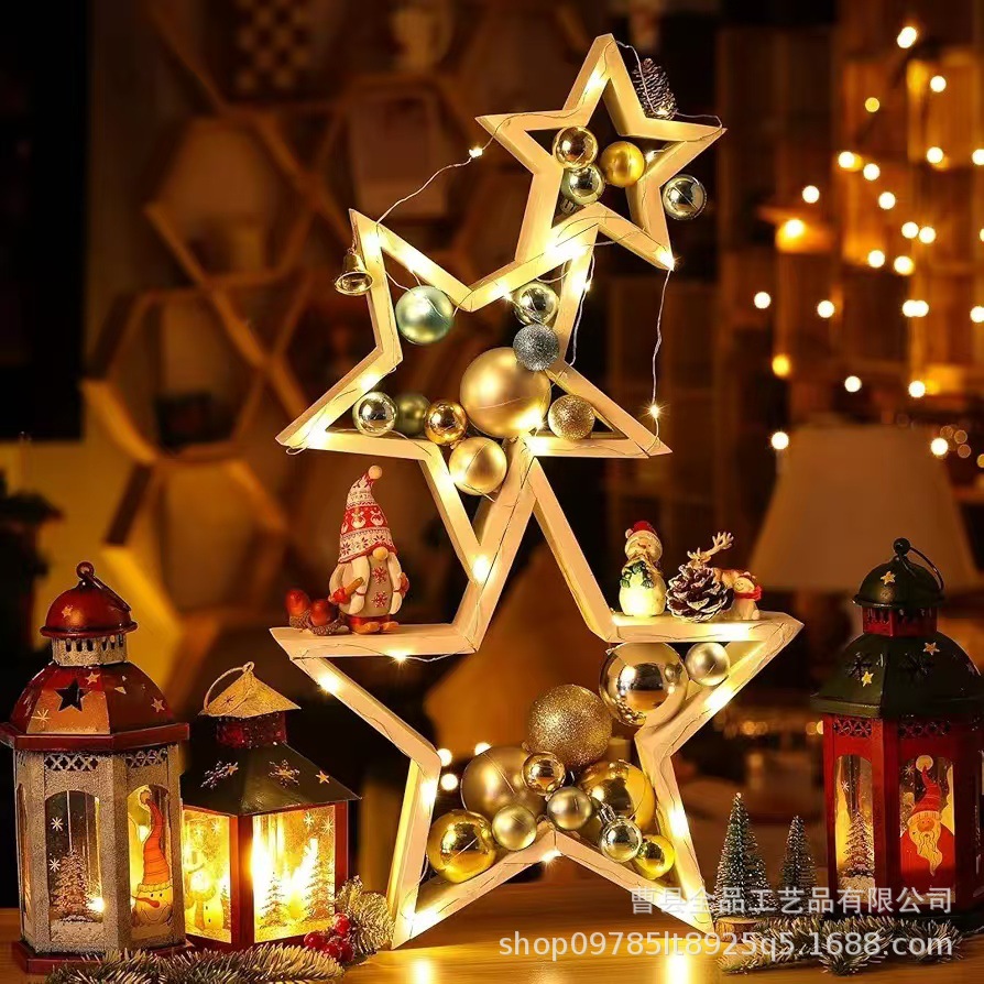 Estrella de cinco puntas de madera transfronteriza Adornos navideños de 3 piezas Adornos de estrellas Artesanía de madera para el hogar Estante decorativo de estrellas