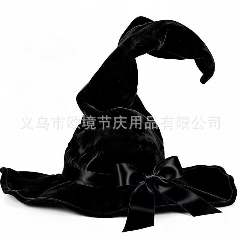 Black velvet witch hat with high brim, bow decoration, twisted witch hat, Halloween decoration party hat for women