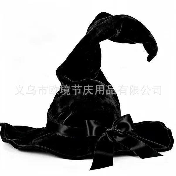 Black velvet witch hat with high brim, bow decoration, twisted witch hat, Halloween decoration party hat for women