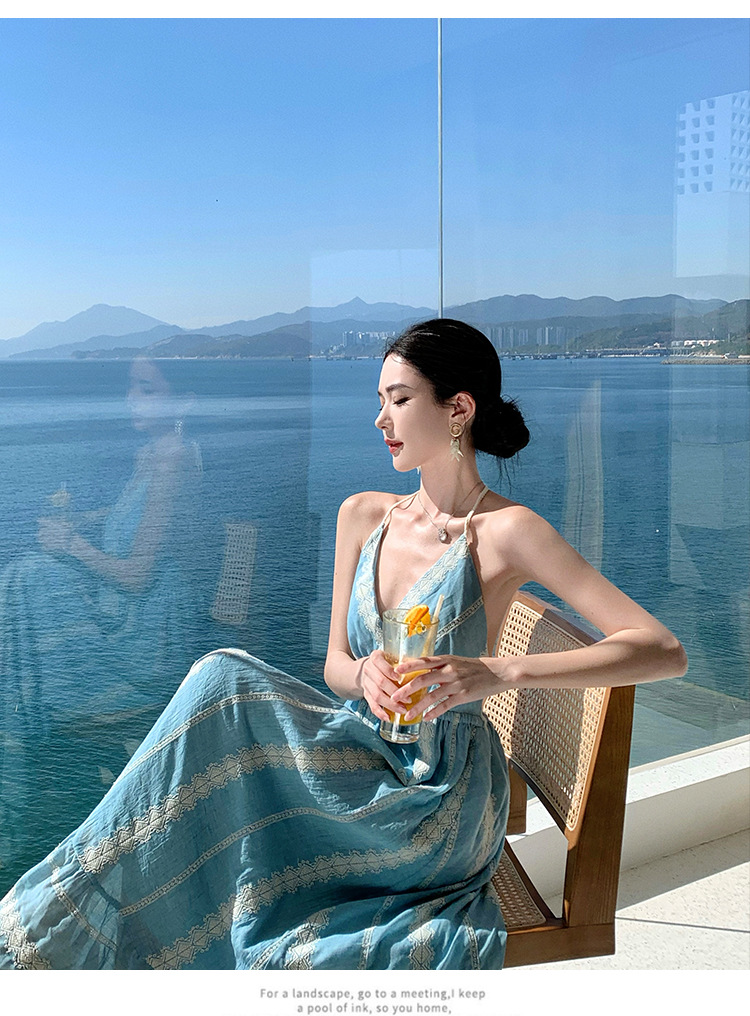 Light Blue Resort-style Backless Halter Neck Dress, Bohemian Heavy Embroidery Long Dress For Women_ecoleips.com